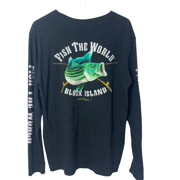 Fish The World Block Island RI Long Sleeve Tee Large  Striped Bass Graphic - Picture 5 of 8